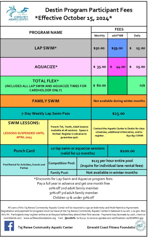 Program fees at Taj Renee Aquatic Center in Destin