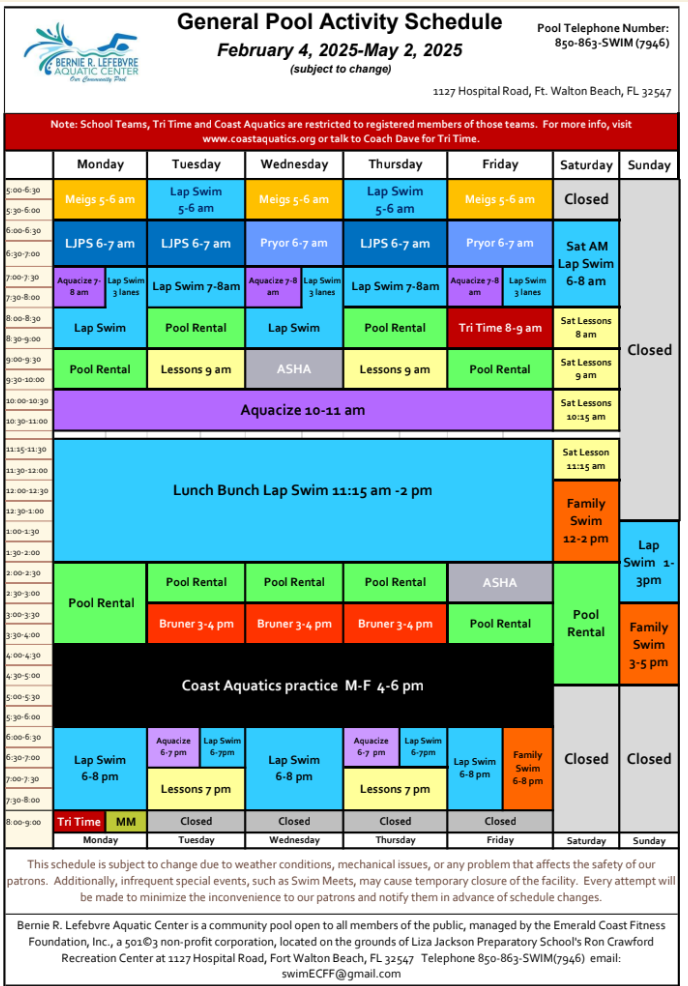 Bernie Lefebvre pool schedule