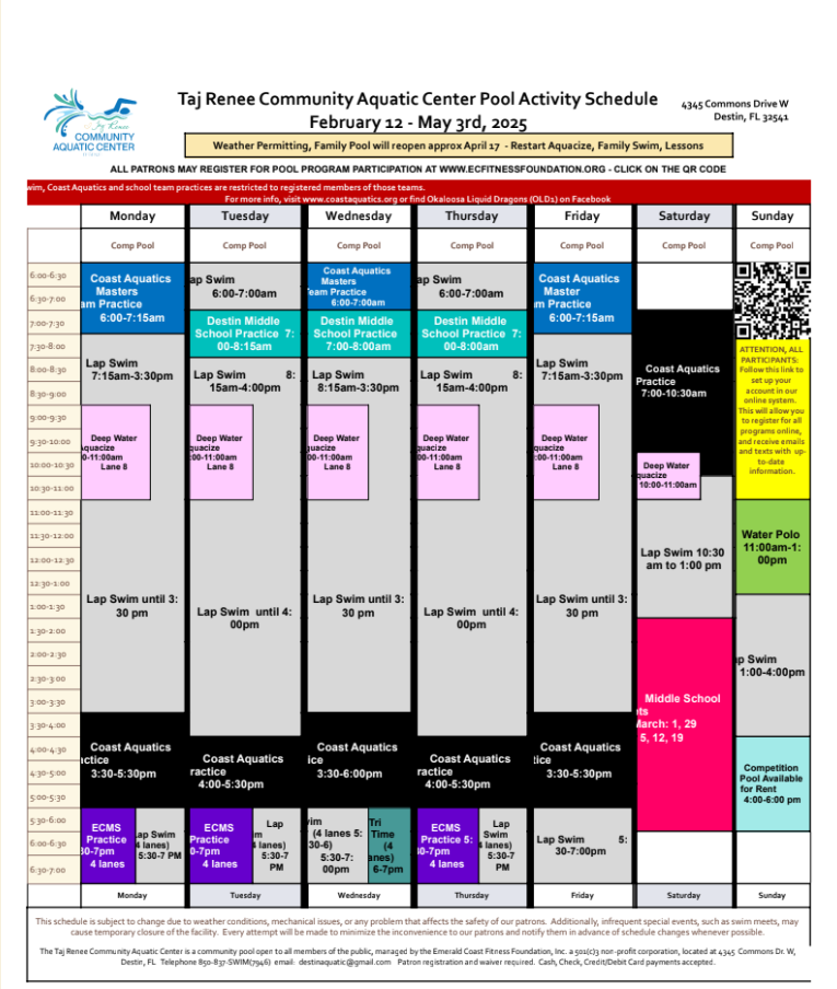 Destin POOL schedule
